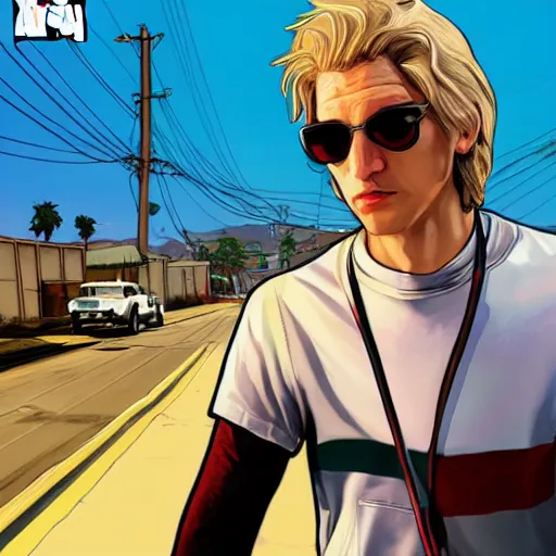 Prompt: xqc in GTA 6, cover art by Stephen Bliss, artstation, no text