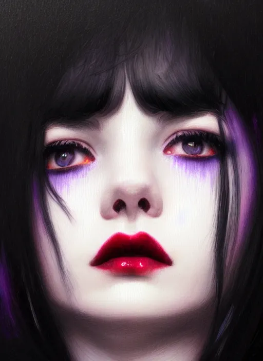 Image similar to portrait of teenage girl, red irises, red eyes, black hair, white bangs, purple lipstick, white bangs, bangs, black hair and white bangs, intricate, elegant, glowing lights, highly detailed, digital painting, artstation, concept art, smooth, sharp focus, illustration, art by wlop, mars ravelo and greg rutkowski