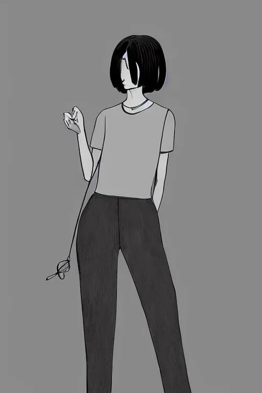 Prompt: portrait of a girl in long pants and a top, hands in pockets, eyes closed, bob haircut, digital art, black and white, illustration by roro kurotani