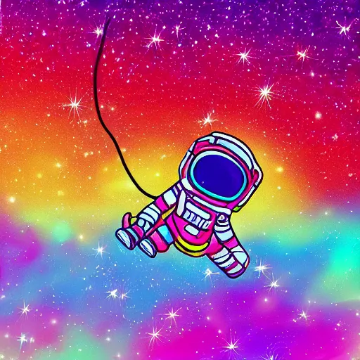 Image similar to Medium shot of an astronaut floating in space designed by Lisa Frank, digital art, cartoon art, acrylic, bokeh, synthwave, retro,