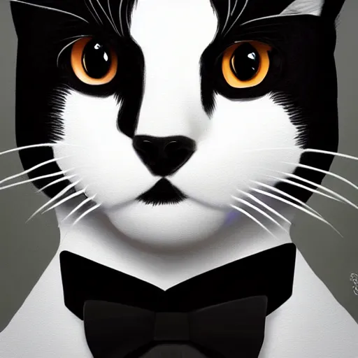 Prompt: portrait of a regal tuxedo cat, masterpiece, trending on Artstation