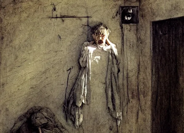 Prompt: shabby but smart faced homeless man in a dirt floored cell chained to a wall, talking questioningly, painting by andrew wyeth and alan lee, very detailed, somber mood,