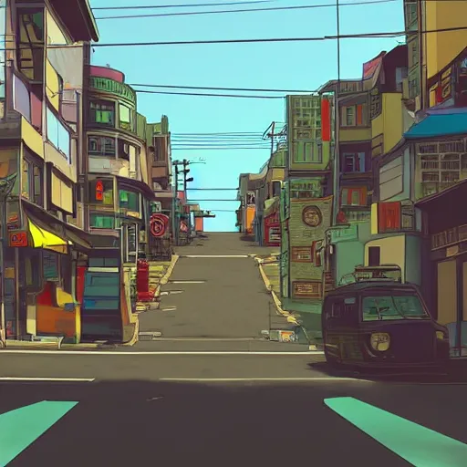 Prompt: city street, sloped street, city on mountainside, street scene, colorful buildings, cel - shading, 2 0 0 1 anime, flcl, jet set radio future, golden hour, japanese town, concentrated buildings, japanese neighborhood, construction site, cel - shaded, strong shadows, vivid hues, y 2 k aesthetic