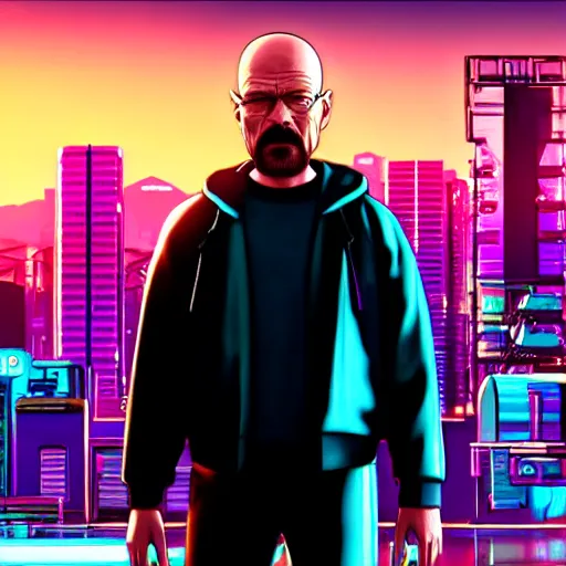 Prompt: walter white from breaking bad in cyberpunk 2 0 7 7 with futuristic city, 4 k, hyper realistic, synthwave, vapor wave, futuristic, advanced