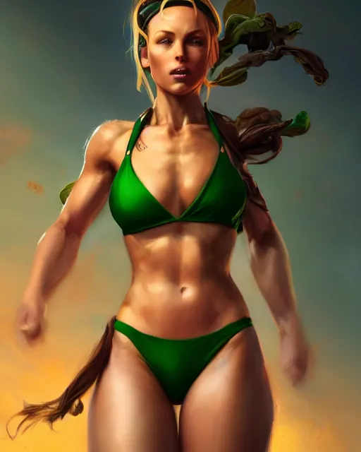 Image similar to play of the game of cammy wearing green bikini, perfect face, brown hair, abs, cinematic, stunning, cute, adorable, strong, highly detailed, long gorgeous hair filling the frame, psychedelic, digital painting, artstation, smooth, hard focus, illustration, art by jessica rossier and brian froud,