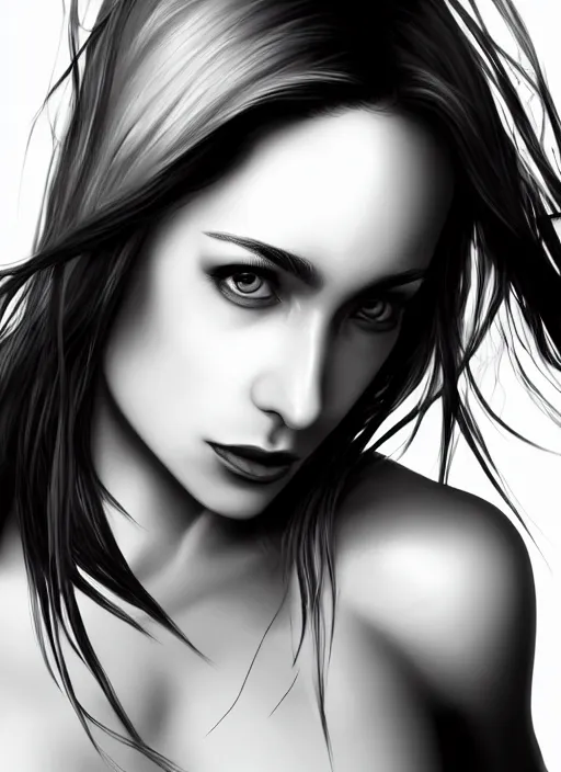 Prompt: up close portrait of a beautiful woman in black and white, photorealistic, upper body, art by diego fazio and diegoKoi and oscar Ukono, concept art, sharp focus, artgerm, 8k highly detailed