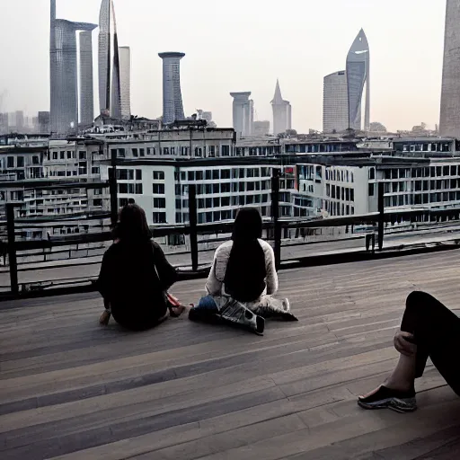 Image similar to a small rooftop with a couple of people sitting and watching the view, wearing black modern clothes, modern shanghai bund is on the background, sunset, by gregory crewdson