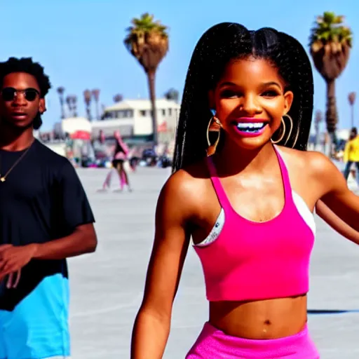 Image similar to Halle Bailey roller skating on Venice Beach in the style of GTA V