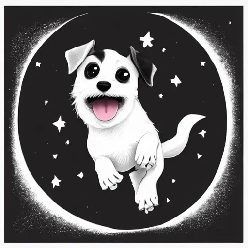 Image similar to cute jack black and white russel terrier jumping over the moon in the night sky, large round eyes, concept art, game art, character sheet, character design, by cory loftis and bill schwab