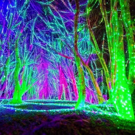 Image similar to crystal forest, fiber optic lights, neon glare, nacreous flare