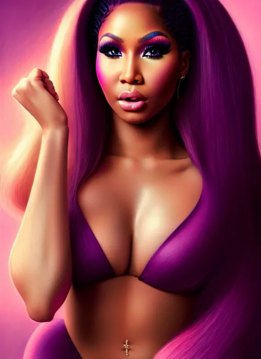 Image similar to nicki minaj, professionally retouched, soft lighting, realistic, smooth face, full body shot, torso, dress, perfect eyes, wide angle, sharp focus on eyes, 8 k high definition, insanely detailed, intricate, elegant, art by artgerm and jason chan and mark hill, safe for work