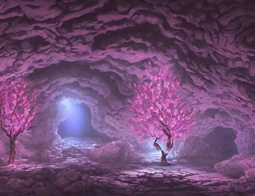 Image similar to vaporwave nightclub in a cherry blossom limestone cavern. oil painting by indie concept artist. backlighting, chiaroscuro, intricate details, field of depth.