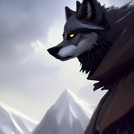 Image similar to an anthropomorphic wolf in a black doublet looking out over the hills, artstation hq, stylized, greg rutkowski, sharp focus, concept art, furaffinity fursona, furry