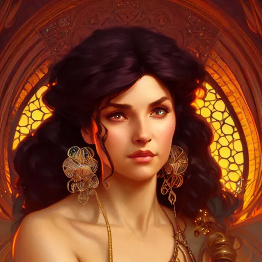 Prompt: Esmeralda from the Hunchback of Notre Dame, fantasy, intricate, elegant, highly detailed, digital painting, artstation, concept art, matte, sharp focus, illustration, art by Artgerm and Greg Rutkowski and Alphonse Mucha