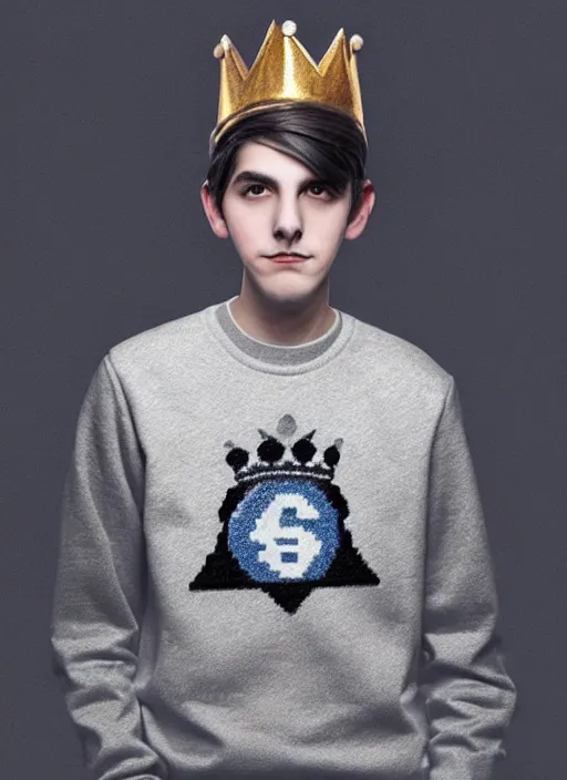 Image similar to portrait of teenage jughead jones wearing a light grey crown, photorealistic, crown, eyes closed, crown, black hair, sweater with letter s on it, letter s, intricate, elegant, glowing lights, highly detailed, digital painting, artstation, concept art, smooth, sharp focus, illustration, art by wlop, mars ravelo and greg rutkowski