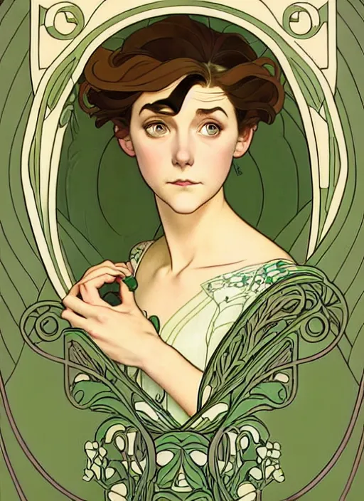 Image similar to art nouveau portrait of a pretty young girl with short light brown hair, light green eyes, sad expression, scared, head down, shy and demure, natural lighting, path traced, highly detailed, high quality, cartoon, digital painting, by don bluth and ross tran and studio ghibli and alphonse mucha