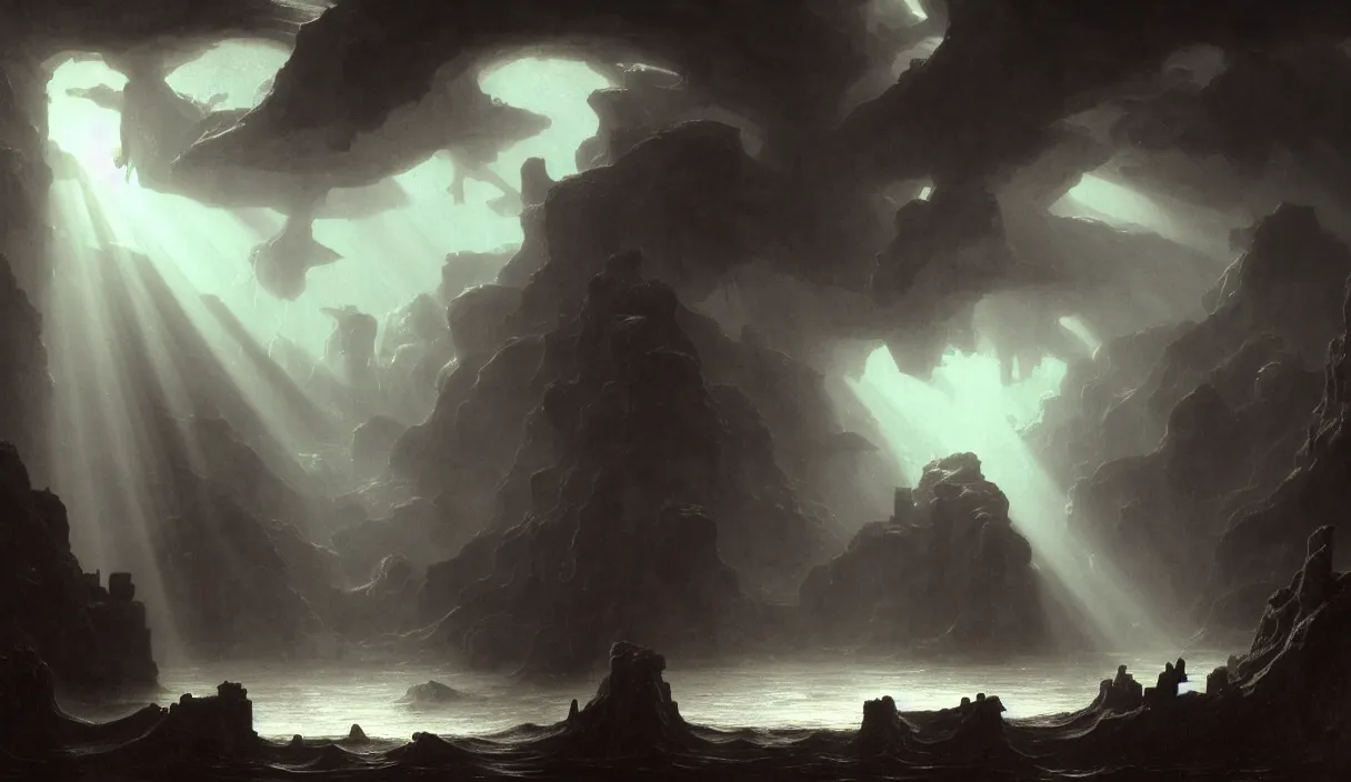 Prompt: low ultrawide shot, dark, underwater men statues, submerged pre - incan temple with carvings, abyss, stylized, anime style mixed with fujifilm, detailed gouache paintings, crepuscular rays, dark, murky, foggy, atmospheric, nicola samori, albert bierstadt, frederic edwin church, beksinski, wayne barlowe's inferno