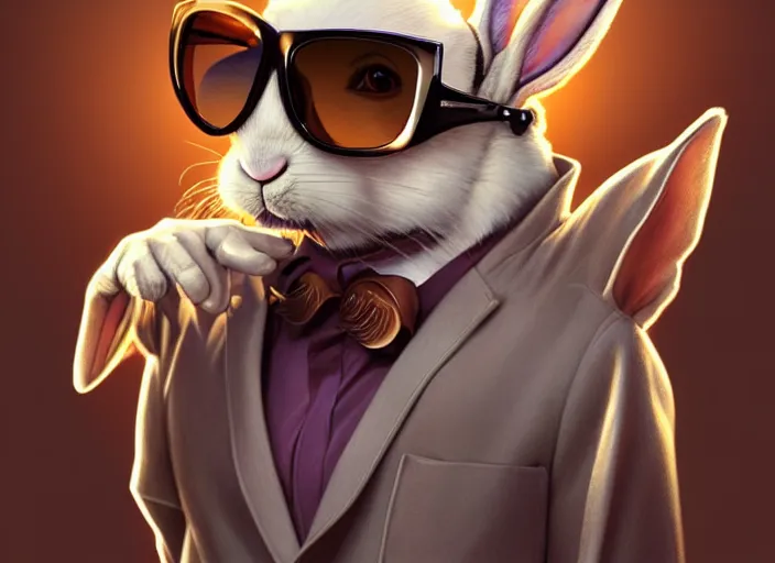 Prompt: a cool anthropomorphic rabbit wearing sunglasses wearing a lab coat, diffuse lighting, fantasy, intricate, elegant, highly detailed, lifelike, pastel, digital painting, artstation, illustration, concept art, smooth, sharp focus, art by frank frazetta and marco bucci and loish and rossdraws and artgerm and alphonse mucha