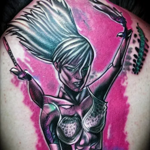 Prompt: futuristic gang member, pink mohawk, digital tattoos, comic book style