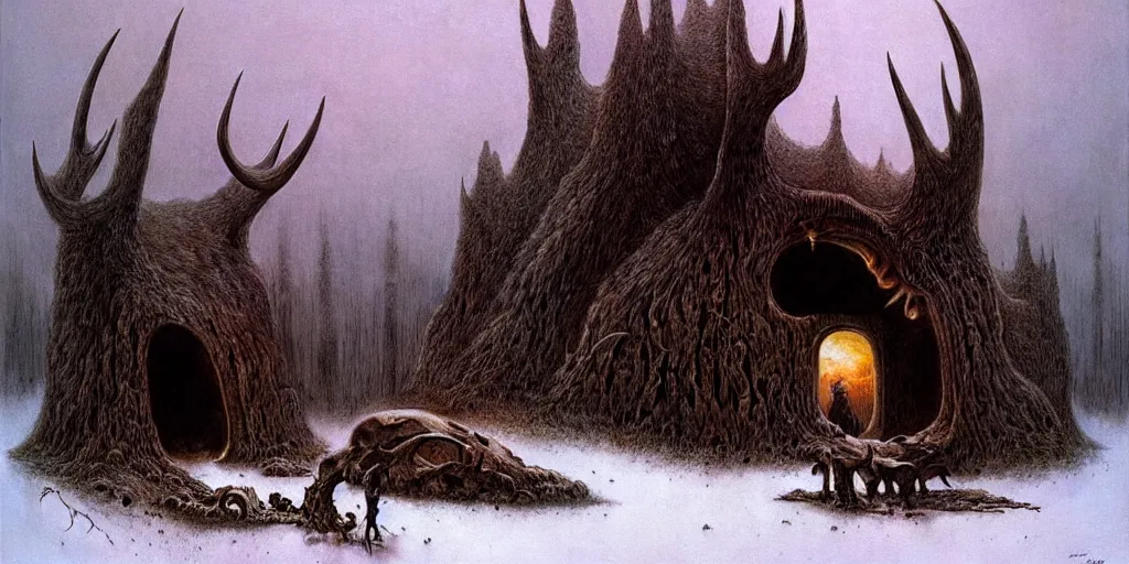 Prompt: cozy hut made out of a giant moose skull, Zdzislaw Beksinski, Wayne Barlowe, gothic, cosmic horror, dystopian, biomorphic, lovecraftian, amazing details, cold hue's