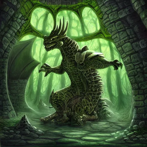 Image similar to fairy tale, painting, large green dragon, dnd, inside a castle, dark, realistic, dungeons and dragons