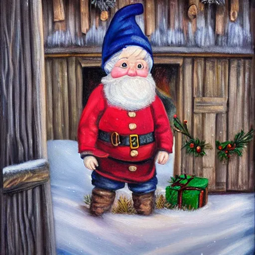 Prompt: portrait painting of scandinavian gnome in barn, winter clothes, very very very very very beautiful christmas art, wood and hay, masterpiece, realistic and detailed