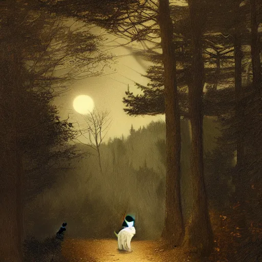 Image similar to matte painting of a tabby cat walking on a path in a dark moonlit Maine forest, serene, highly detailed, by caravaggio and alan lee, trending on artstation, 4k