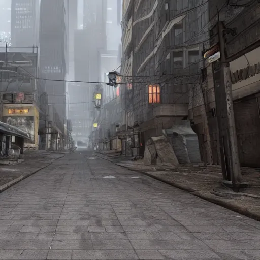 Prompt: the streets of a dystopian city, highly detailed 3D render
