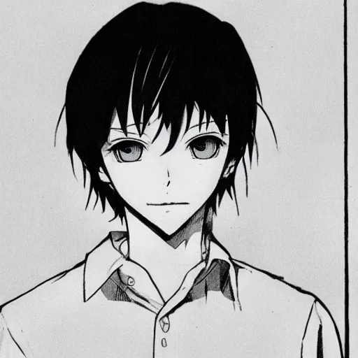 Image similar to black and white manga illustration of a boy with short dark hair and wearing a white shirt, illustrated by sadamoto