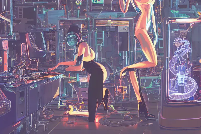 Prompt: closeup of pretty sexy girl working in a fantasy robot repair shop, broken android laying on the ground, chrome reflections, computer screens, dark cables hanging, sci-fi vending machine, surreal illustration by moebius , Ilya Kuvshinov, dynamic lighting, glowing lights, neons, science fiction