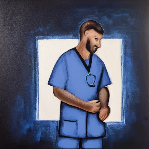 Image similar to lonely male nurse in dark blue scrubs, painting, dark colors, contrast, dark background