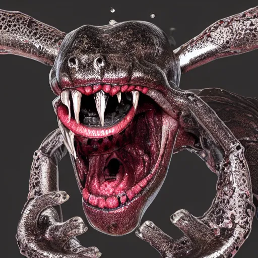 Image similar to realistic long textured tongue, wet humanoid alien,, dripping acid saliva, smoke, mouth in mouth, 8 alien eyes, metallic fangs, thin red veins, grey snake scale skin, cinematic light shadows, slimy reflections, crawling in a sewer pipe, flashlight lighting, insanely detailed