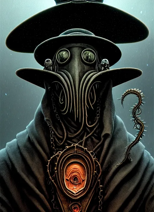 Image similar to stunning portrait of grotesque and horrifying plague doctor, victorian era, lovecraftian horror, cosmic horror!! cinematic lighting, horror fiction, digital art, winning award masterpiece, fantastically beautiful, aesthetically inspired by wayne barlowe and gerald brom, trending on artstation, art by greg rutkowski and h r giger, octane render, 8 k