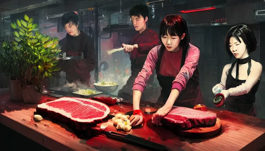 Image similar to lee jin - eun cooking a steak in a cyberpunk kitchen theme next to a pink plant by greg rutkowski, claude monet, conrad roset, takato yomamoto, rule of thirds, seductive look, beautiful