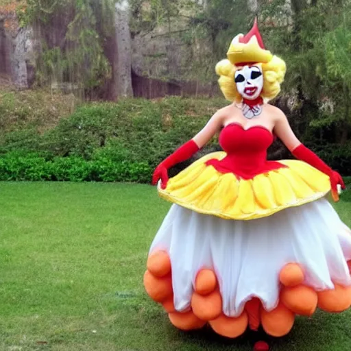 Image similar to princess peach cosplaying as a hamburger, a clown cries in the background, cuil = 5