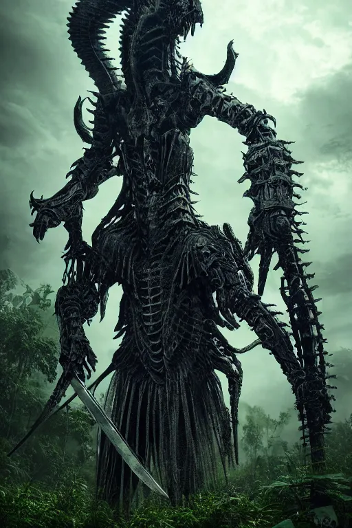 Image similar to post - gothic giant creepy chimera, exoskeleton armor, holding katana, dystopian ruins covered in vegetation, highly detailed smooth digital art masterpiece, vitaly bulgarov giger dramatic dark blue light, ground angle hd 8 k, sharp focus