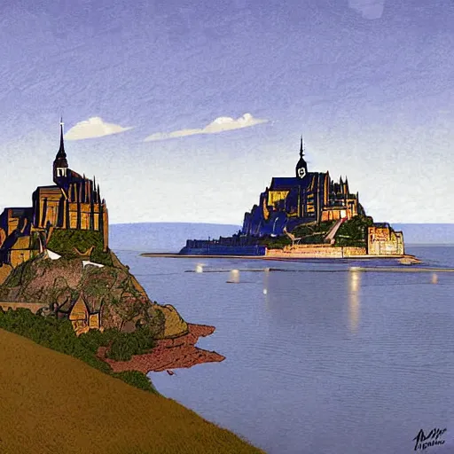 Prompt: Mont St. Michel digital art by Alariko, cel-shaded, excellent lighting, also by James Gurney