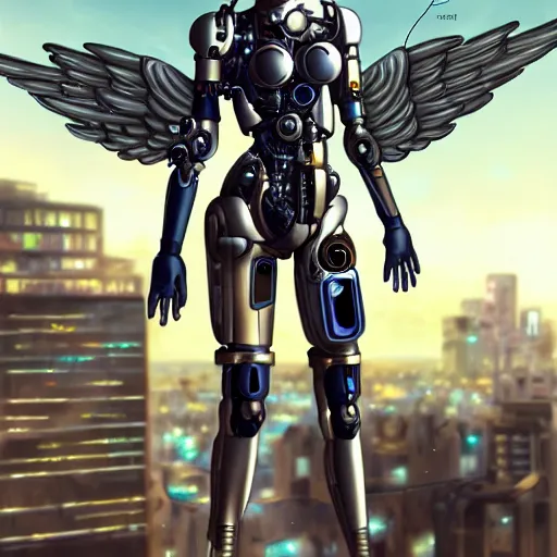 Prompt: cute cyborg - angel girl with large angelic wings standing on the edge of a rooftop overlooking a apocalyptic city, left eye gold and right eye silver, biomechanical details, bionic cyborg implants, digital cyberpunk - anime art, full body shot, wlop, ilya kuvshinov, artgerm, krenz cushart, greg rutkowski