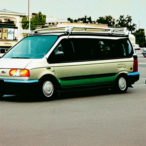 Image similar to very round 1990s Toyota Previa, 70mm flash photography