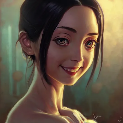 Prompt: portrait of Alita, looking at camera, D&D, intricate, elegant, stylish, cute smile, mouth slightly open, fantasy, extremely detailed, digital painting, artstation, concept art, smooth, sharp focus, illustration, stunning lighting, art by artgerm and greg rutkowski and alphonse mucha and simon stalenhag.