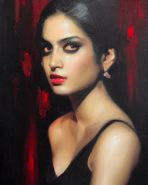 Image similar to beautiful portrait painting an gorgeous delhi girl wearing a little black dress at a nightclub, red lighting, oil painting, art by ruan jia