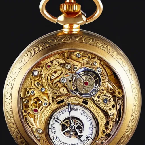 Prompt: an intricate golden timepiece, pocket watch, trending on artstation, art by Tomasz Biernat and Paul Sherstobitoff