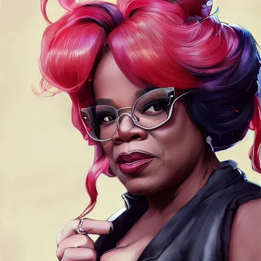 Image similar to Portrait of Oprah Winfrey as Harley Quinn, by artgerm and greg rutkowski and alphonse mucha and loish and WLOP, artstation, detailed, concept art, deviantart, colorful