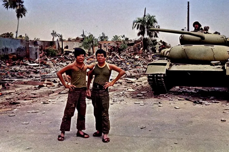 Image similar to a photo of a two mans posing in front of tank in destroyed vietnamese city, us journalism ministry photo, 1 9 6 9, color photo, fim still