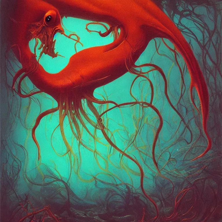 Prompt: Hyperrealistic intensely colored studio Photograph portrait of a deep sea bioluminescent Vampire Squid deep underwater in darkness long exposure, award-winning nature deep sea expressionistic impasto heavy brushstrokes oil painting by Audubon and Zdzisław Beksiński vivid colors hyperrealism 8k