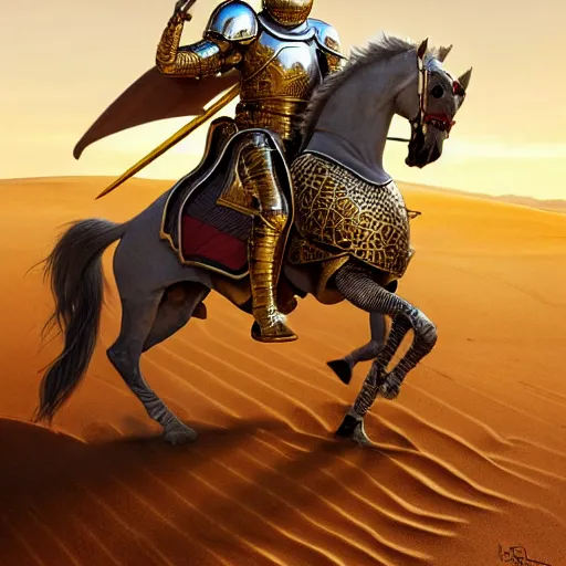 Image similar to Realistic photo of the king of the Desert in Battle, Knight with a golden helmet and a Silver Armour, Sand, Heroic Battle Scene, dark fantasy, intricate, cinematic lighting, highly detailed, digital art, trending on Artstation, 8k, photorealistic, art by Artgerm and Greg Rutkowski and Alphonse Mucha