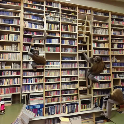 Prompt: monkeys moving into a college dorm stacking books on shelves