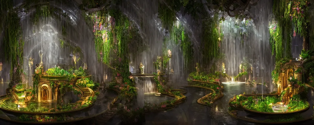 Prompt: interiors of a godly palace constructed of mirrors and spiraling staircases at night, life-size terrarium, flowing water, waterfalls, plants, glowing light, symmetrical, sacred geometry, heavenly, enchanted environment, fog, mist, low light, evil, dark, environment concept, cgsociety, environment 8K artstation, cinematic lighting, intricate details, 4k detail post processing, hyperealistic, unreal engine 5 render, photo realism, ultra detailed cinematic