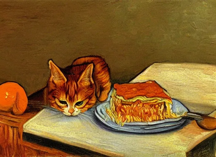 Image similar to detailed realistic realism painting of orange tabby cat eating lasagna at dusk, in the style of vincent van gogh and salvador dali and leonardo da vinci