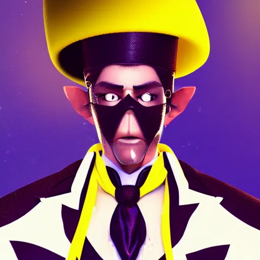 Image similar to a highly detailed portrait of a man in a high top hat covering his face, in a black tailcoat with a yellow waistcoat under the tailcoat, artstation, deviantart, professional, octane render, unreal engine 5